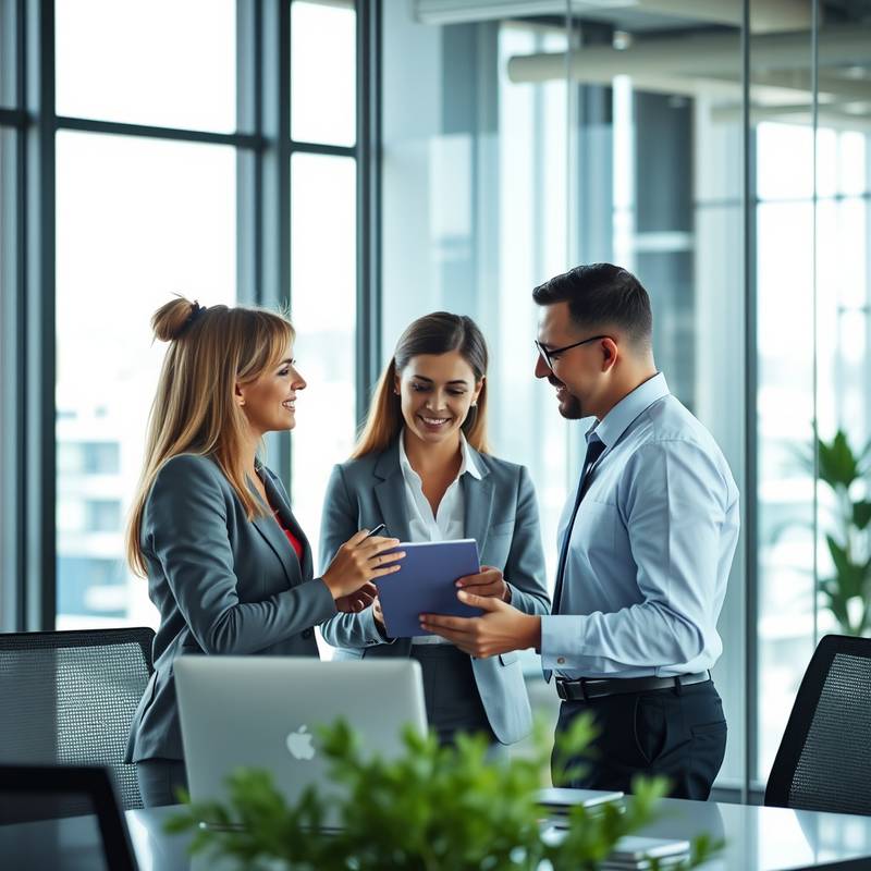 A group of professionals collaborating in a modern office setting, illustrating business strategy.