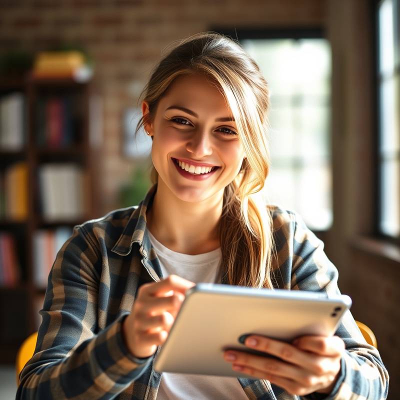 A person happily completing an online course on a tablet, emphasizing the joy of learning.