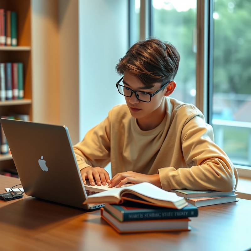 A student studying with a laptop and books on a desk, highlighting online learning.