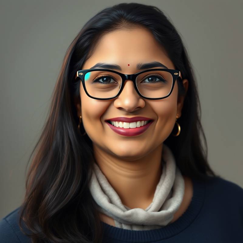 Portrait of Dr. Anya Sharma, smiling and wearing glasses.